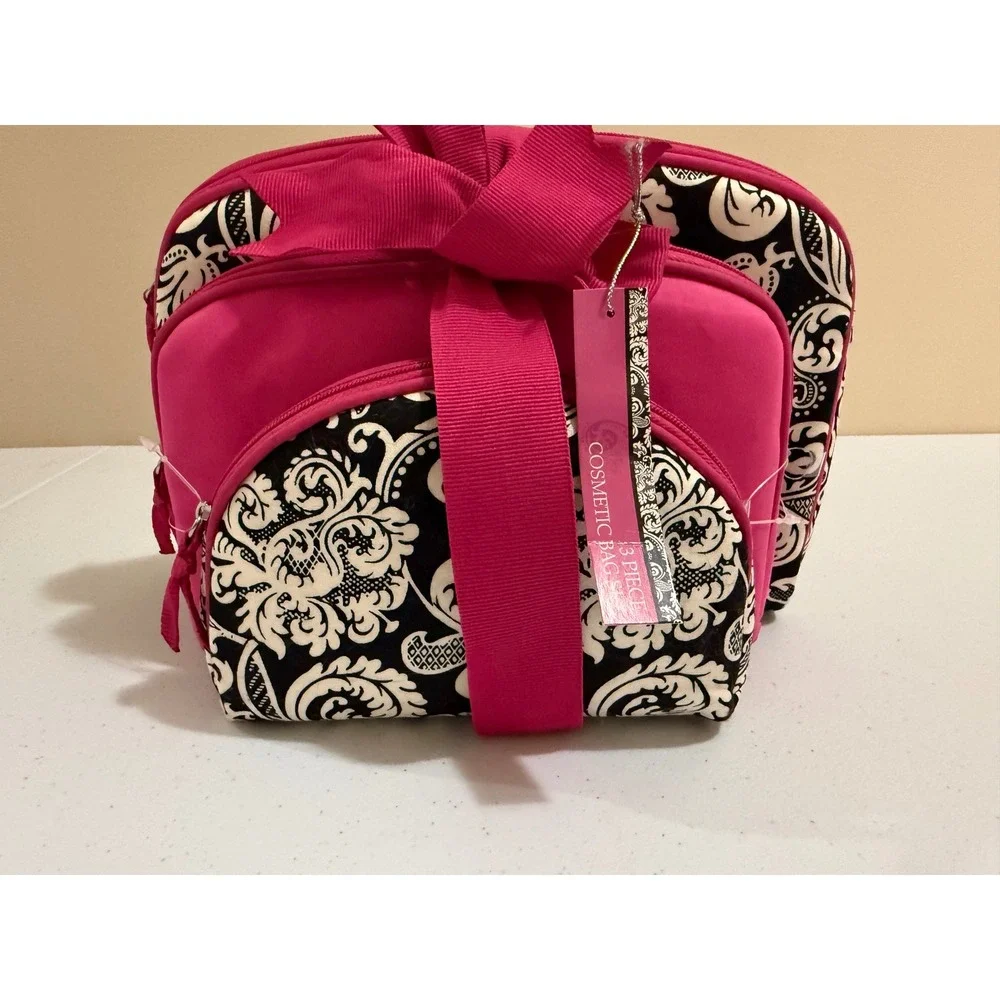 3 Piece Cosmetic Bag Set Hot Pink Black White Damask Travel Makeup Pouches NEW